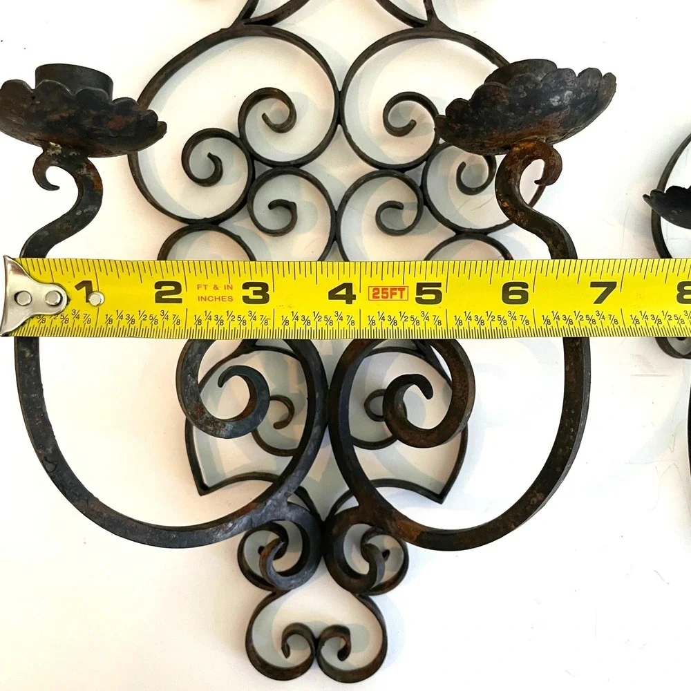 Vintage Wrought Iron Scroll Wall Sconce Pair Rustic Gothic Candle Holder Set